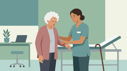Fototapeta premium Nurse assisting elderly woman in clinic, healthcare concept