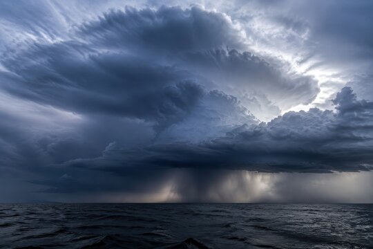 Thunderstorm anvil cloud towering over a dark open sea