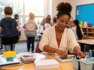 Fototapeta premium African American Female Teacher Organizing School Supplies at Desk in Busy Elementary School Classroom for Education and Teaching Concepts