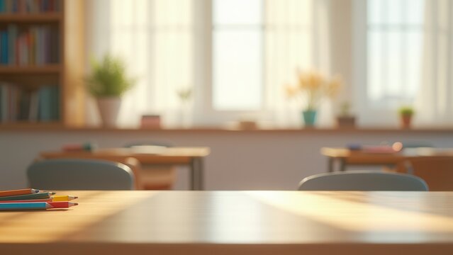 empty wooden desk surface mockup for marketing school classroom bright natural light backdrop educational workspace copy space