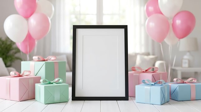 Black frame with wrapped gifts and balloons empty frame