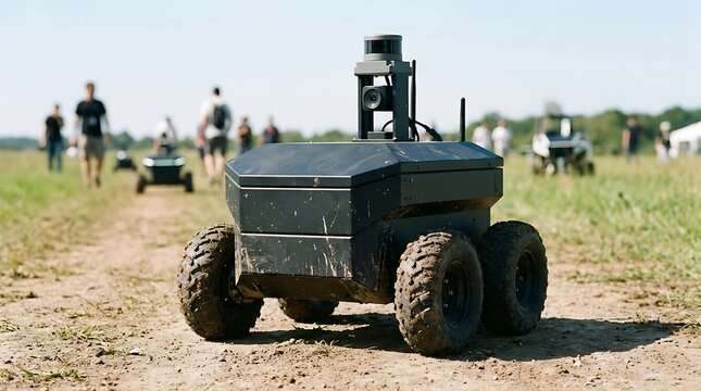 Black wheeled robot on dirt path in outdoor field black robot