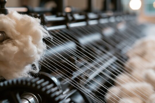 Close-up of a textile machine processing raw cotton into fine threads for fabric production