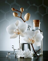 Naklejka premium Elegant White Orchid Flowers and Molecular Structures in Laboratory Beakers for Science and Beauty