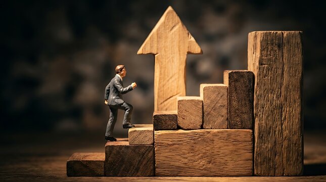 Business figurine climbing wooden stairs with arrow