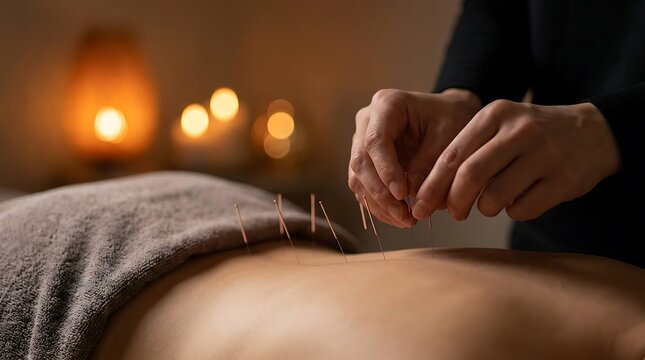 Acupuncture needles being placed on a patient's back