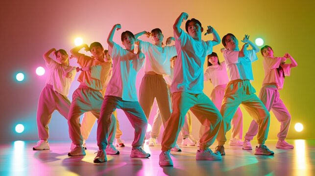 Energetic young dancers performing modern choreography with vibrant colorful stage lighting