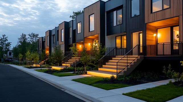 Modern townhouse exterior row featuring glowing warm stair lights during a quiet serene blue dusk evening