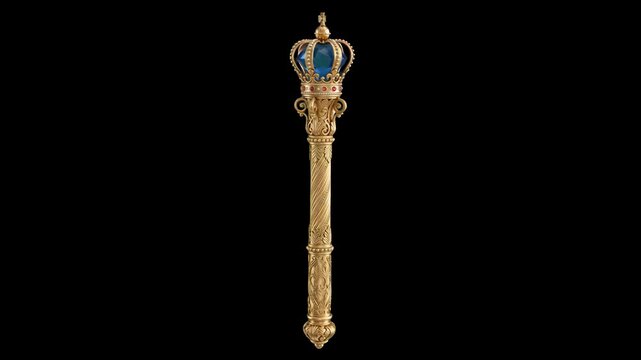 An ornate 3D golden royal scepter topped with a blue gem crown, isolated against a solid black background. Ideal for luxury branding, historical documentaries, and high-contrast motion graphic design.