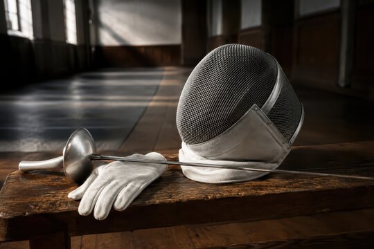 Fencing mask foil and glove still life on bench