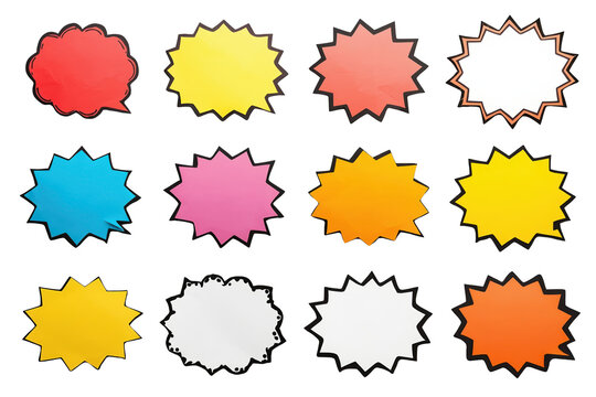 Colorful comic style starburst labels isolated on transparent background