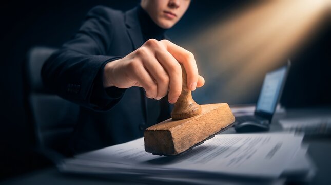 Businessman stamping official documents showcasing wooden stamp tool, contract paper and office environment, concept for legal authorization and agreement approval