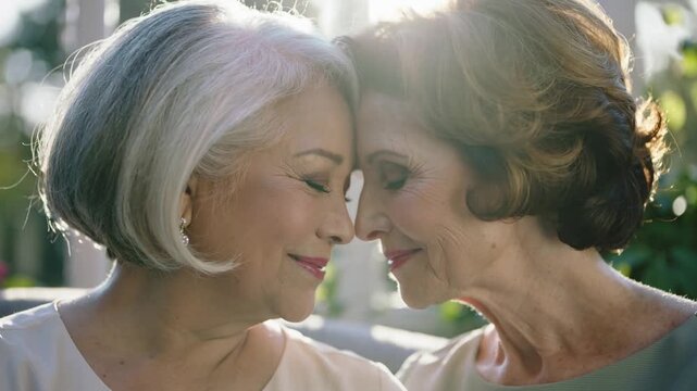 Leaning two senior women bringing foreheads together on porch cushion, prompted by soft smiles