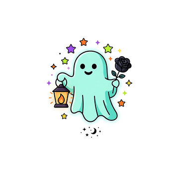 Cute cartoon ghost holds a glowing lantern and a black rose surrounded by colorful stars on a transparent background.