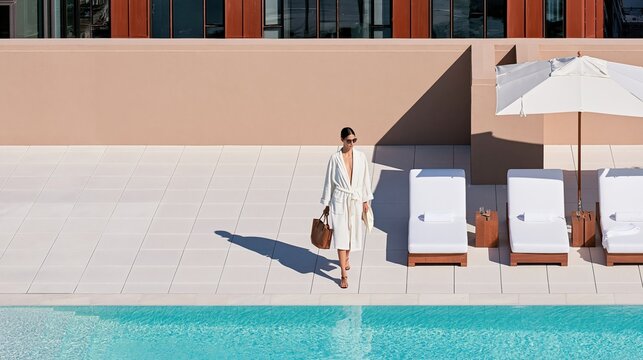 Elegant woman in robe and sunglasses walks by luxury hotel poolside with lounge chairs and umbrella