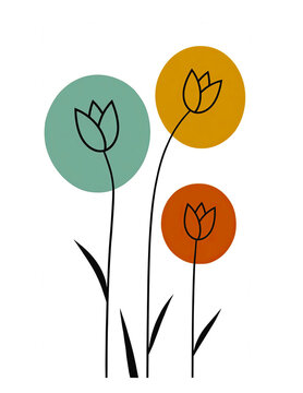 Minimalist Scandinavian Tulip Floral Line Art with Modern Pastel Abstract Circles,background,natural,