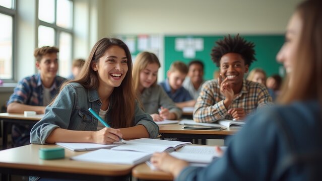 smiling diverse high school students collaborating at modern desks in bright classroom setting bokeh background education marketing lifestyle
