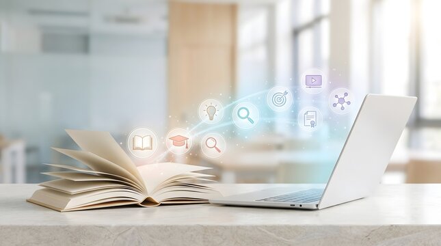 Digital education transformation concept showing glowing knowledge icons flowing from open book to modern laptop screen