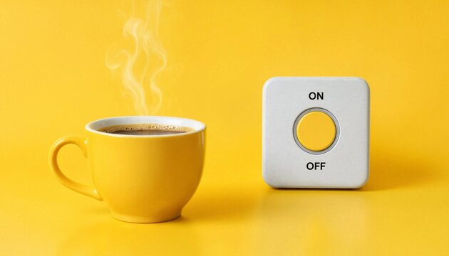 A steaming yellow cup of hot coffee next to a white power button switch on a yellow background