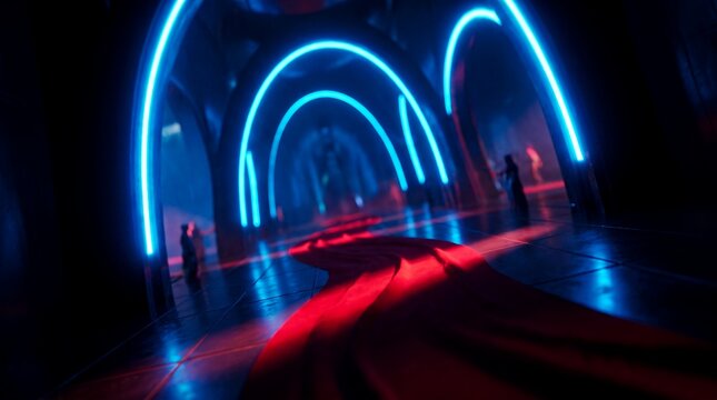 Futuristic neon hallway 3d illustration featuring glowing blue arches, vibrant red carpet path and dark cyber interior, concept for sci-fi event backdrop and virtual reality environment