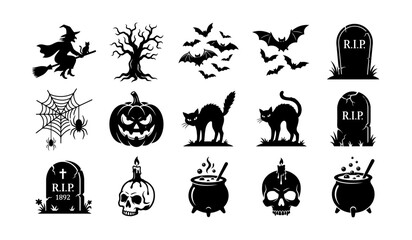 Obraz premium Halloween horror icon collection with witch, bats, pumpkin, black cat and haunted tree in black silhouette style. Concept of spooky night, scary festival, horror decoration and minimal vector design.