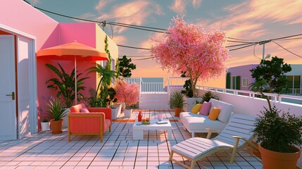 Fototapeta premium Vibrant rooftop patio oasis with pink and orange seating, lush plants, and sunset sky