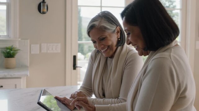 Holding tablet, senior in light long sleeves tapping screen and guiding pal in kitchen sharing joy