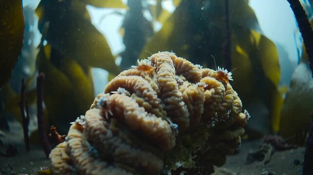 Moving camera approaching coiled attached colony at kelp forest seabed, revealing frilly polyps