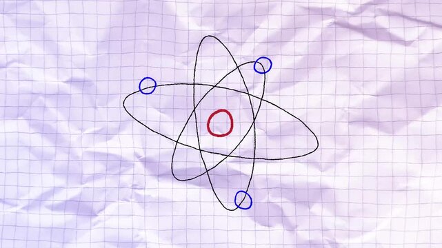 Hand drawn 2D atom model animation on wrinkled grid paper. Blue electrons orbit a red nucleus. Ideal for science education and research concepts.