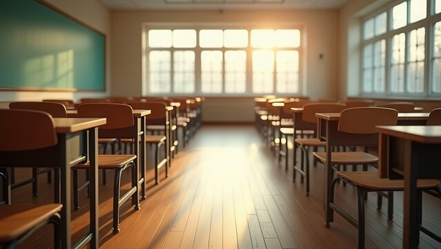 empty sunlit high school classroom interior with vintage wooden desks perfect for back to school education advertisement copy space