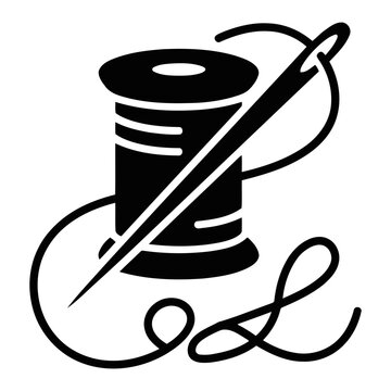 Minimalist black and white icon featuring a sewing needle and a spool of thread for tailoring concepts