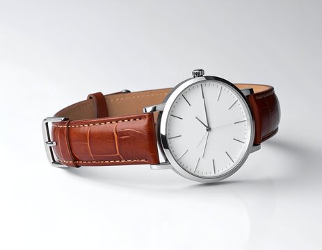 Elegant wristwatch with a white face and brown leather strap, studio shot on white