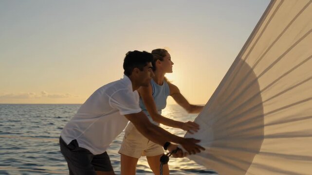 Pulling couple wearing white polo and blue top trimming loose jib sheets on foredeck at sunset