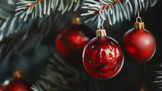 Bright red bauble with gold top hanging from a tree branch