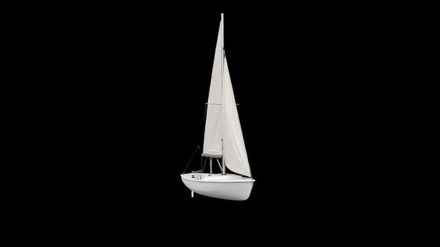 A 3D render of a single-masted cruising sailboat with main and jib sails fully raised. The hull is white and detailed, featuring a cabin, a small outboard engine on the transom, and rigging. Side prof