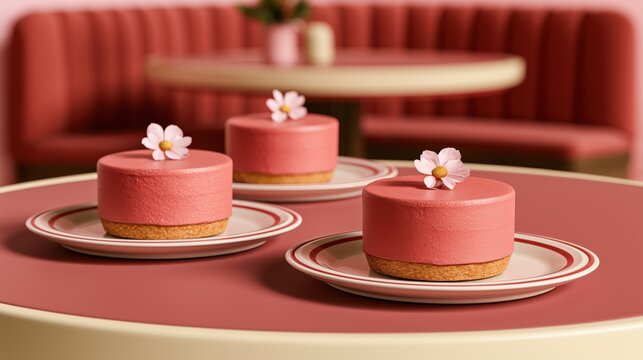 Pink Petit Fours Delight: Three delicate pink petit fours topped with tiny white flowers sit elegantly on saucers arranged on a pink table, evoking a sense of sweet indulgence and refined taste.