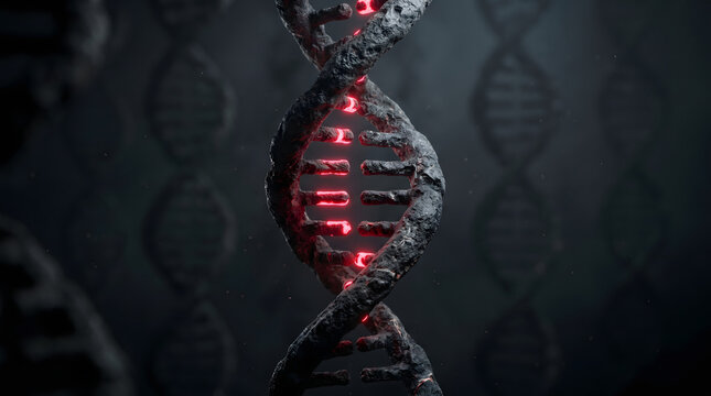 A detailed 3D illustration of a glowing red DNA strand structure floating against a dark background.