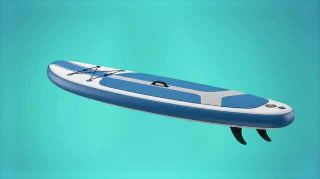3D rendered stand up paddle board isolated on a vibrant turquoise blue background. Perfect for beach resort advertising, summer sports commercials, travel promos, lifestyle clips, and motion graphics 