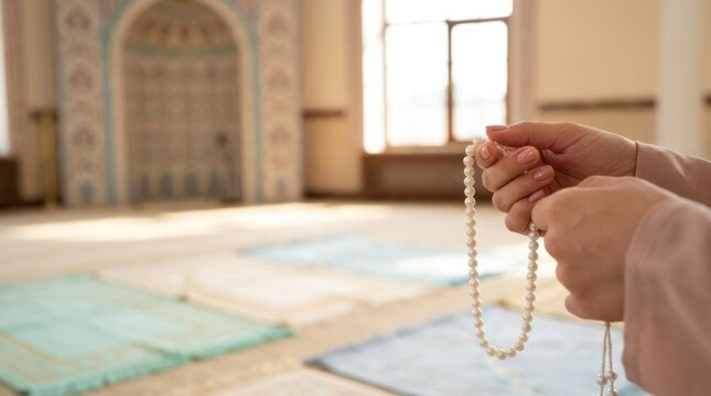 Hands holding prayer beads in sunlit mosque interior.
