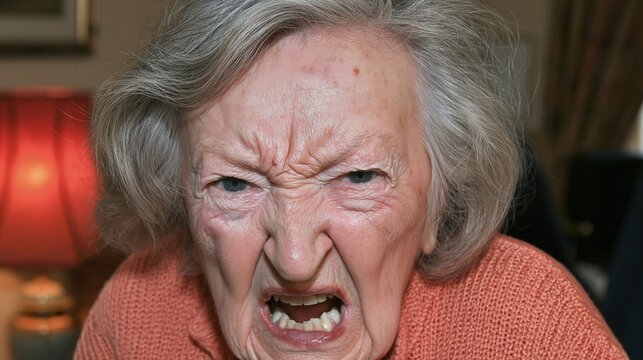 Close-up portrait of an angry elderly woman with wrinkled face and frustrated expression, showing teeth