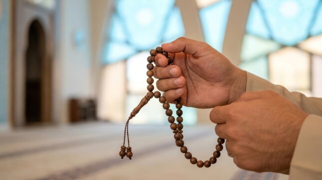 Hands holding wooden prayer beads in mosque interior.