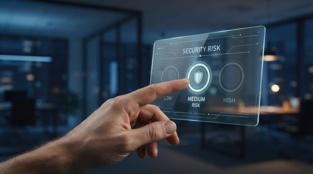 Hand pointing to medium security risk on digital screen