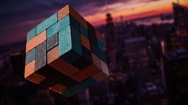 3D wooden block puzzle cube showcasing strategic thinking, complex problem solving and structured planning, concept for business growth and corporate success