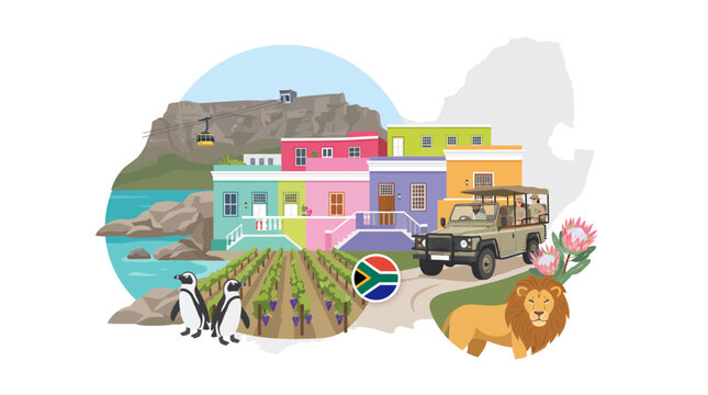 South Africa Travel Concept Illustration with Table Mountain Safari Lion Penguins and Bo-Kaap Houses