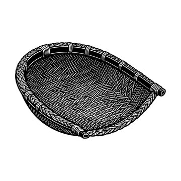 Handwoven bamboo winnowing basket for grain sifting and traditional farming tools illustration