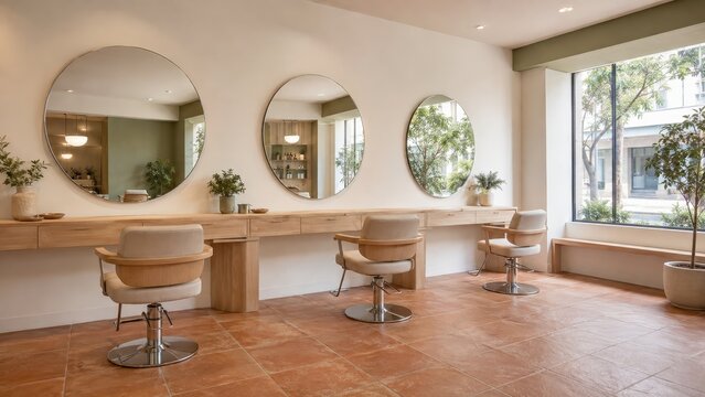 Hair salon interior with round mirrors and terracotta tiled floor
