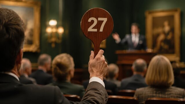 Hand raising numbered paddle at auction in elegant saleroom