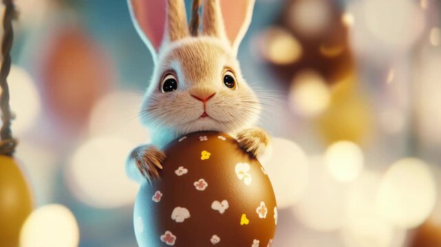 Computer-generated of an animated Easter bunny holding a chocolate egg embellished with candy decorations.