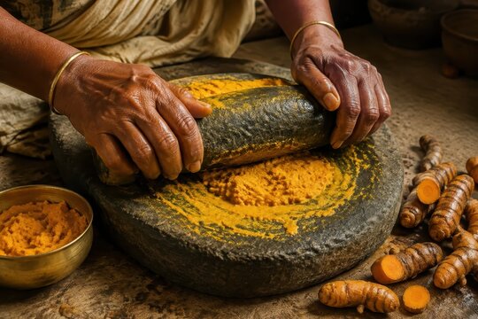 Hands grinding turmeric on stone quern in kitchen