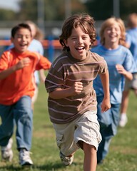 Fototapeta premium Joyful young boys laughing and running outdoors on a sunny day, capturing childhood energy and fun